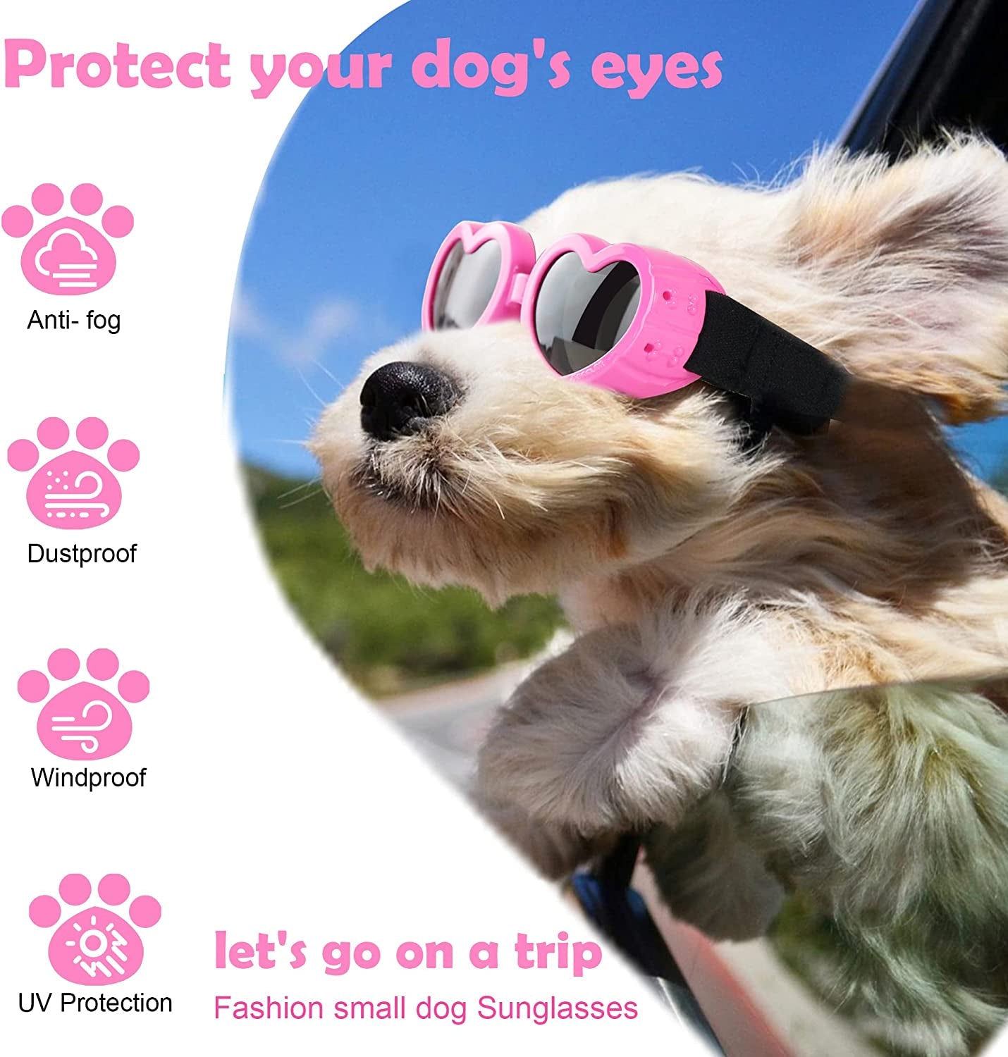 IKUSO Dog Sunglasses Small Breed,Uv Protection Dog Sunglasses with Adjustable Strap, Heart Dog Goggles for Waterproof Windproof Anti-Fog Eye Protection,Beach Accessories for Puppy (Pink) Animals & Pet Supplies > Pet Supplies > Dog Supplies > Dog Apparel ikuso   