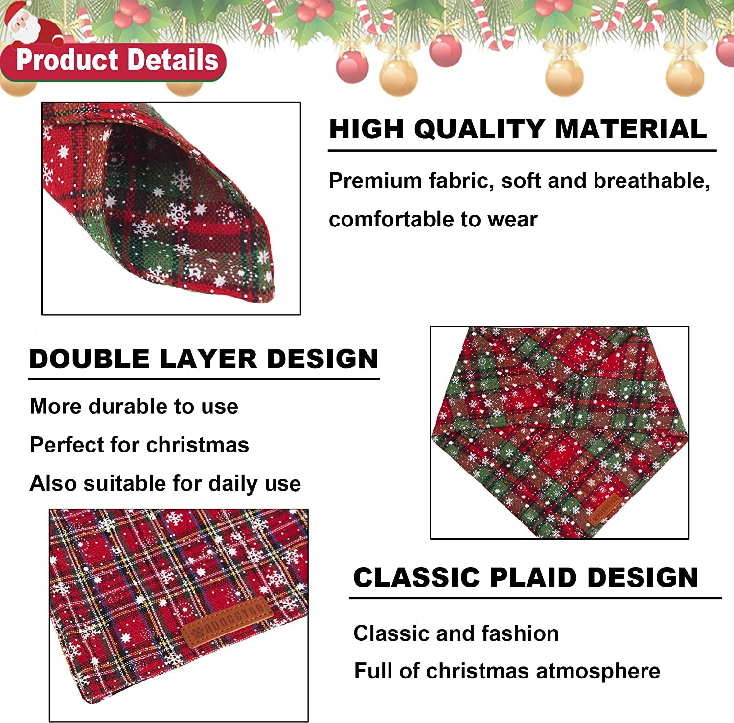 Adoggygo 2 Pack Dog Bandanas Christmas, Stylish Plaid Snowflake Dog Scarf, Premium Durable Fabric, Multiple Sizes Offered, Christmas Bandanas for Medium Large Dogs Pets (Large, Red) Animals & Pet Supplies > Pet Supplies > Dog Supplies > Dog Apparel ADOGGYGO   