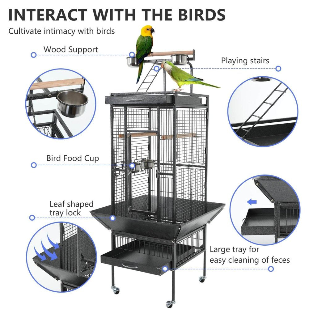 Niamvelo 61’’Large Iron Birdcage Wrought Parrot Cage with Play Top and Rolling Stand for Parakeets and Lovebirds,Black Animals & Pet Supplies > Pet Supplies > Bird Supplies > Bird Cages & Stands NiamVelo   