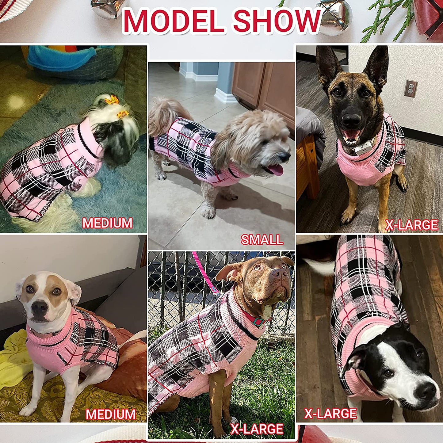 Dog Sweater for Small Medium Large Dog - Pink Plaid Christmas Winter Dog Sweater Vest for Cold Weather - Knitted Turtleneck Warm Pullover Dog Clothes with Leash Hole (S-XL) Animals & Pet Supplies > Pet Supplies > Dog Supplies > Dog Apparel MIMLOB   