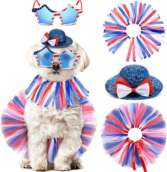 4 Pcs Labor Day Pet Costume Independence Day Dog Costume Accessories, Red Blue and White Tutu Skirt Fancy Collar American Flag Dog Sunglasses Bowtie Hat for Dogs Kitty Patriotic Party Animals & Pet Supplies > Pet Supplies > Dog Supplies > Dog Apparel Tallew   