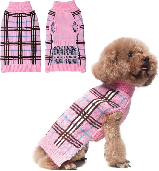 DILLYBUD Small Dog Sweaters, Dog Clothes Turtleneck Plaid Knitwear Pet Sweater Pullover for Puppy Doggie Cat Girls or Boys, Dog Apparel Coat for Fall Winter Cold Weather Indoor or Outdoor Size S,XS,M Animals & Pet Supplies > Pet Supplies > Dog Supplies > Dog Apparel DILLYBUD Pink Medium 