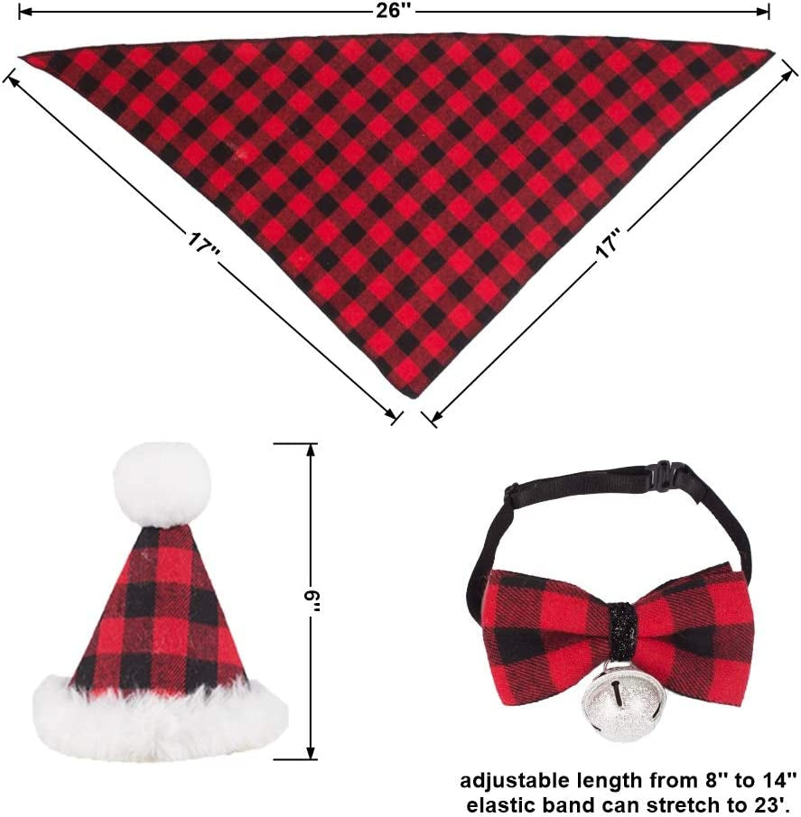 ADOGGYGO Christmas Dog Bandana Hat Bow Tie Set - Classic Plaid Pet Scarf Triangle Bibs Dog Christmas Costume Decoration Accessories for Small Medium Dogs Cats Pets (Large, Red) Animals & Pet Supplies > Pet Supplies > Dog Supplies > Dog Apparel ADOGGYGO   