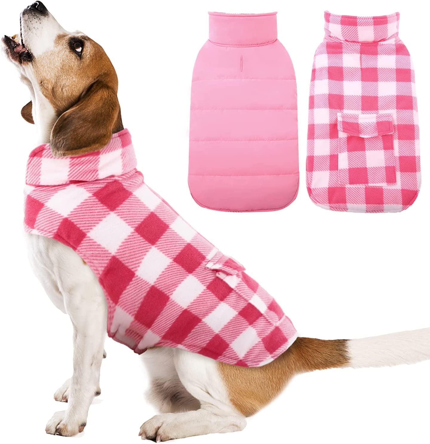 Kuoser Cozy Dog Winter Coat, Windproof Dog Jacket British Style Plaid Cold Weather Dog Coat Reversible Warm Dog Vest for Small Medium Large Dogs Red L Animals & Pet Supplies > Pet Supplies > Dog Supplies > Dog Apparel Kuoser Pink 3X-Large (Chest Girth: 35.4-43.3'') 