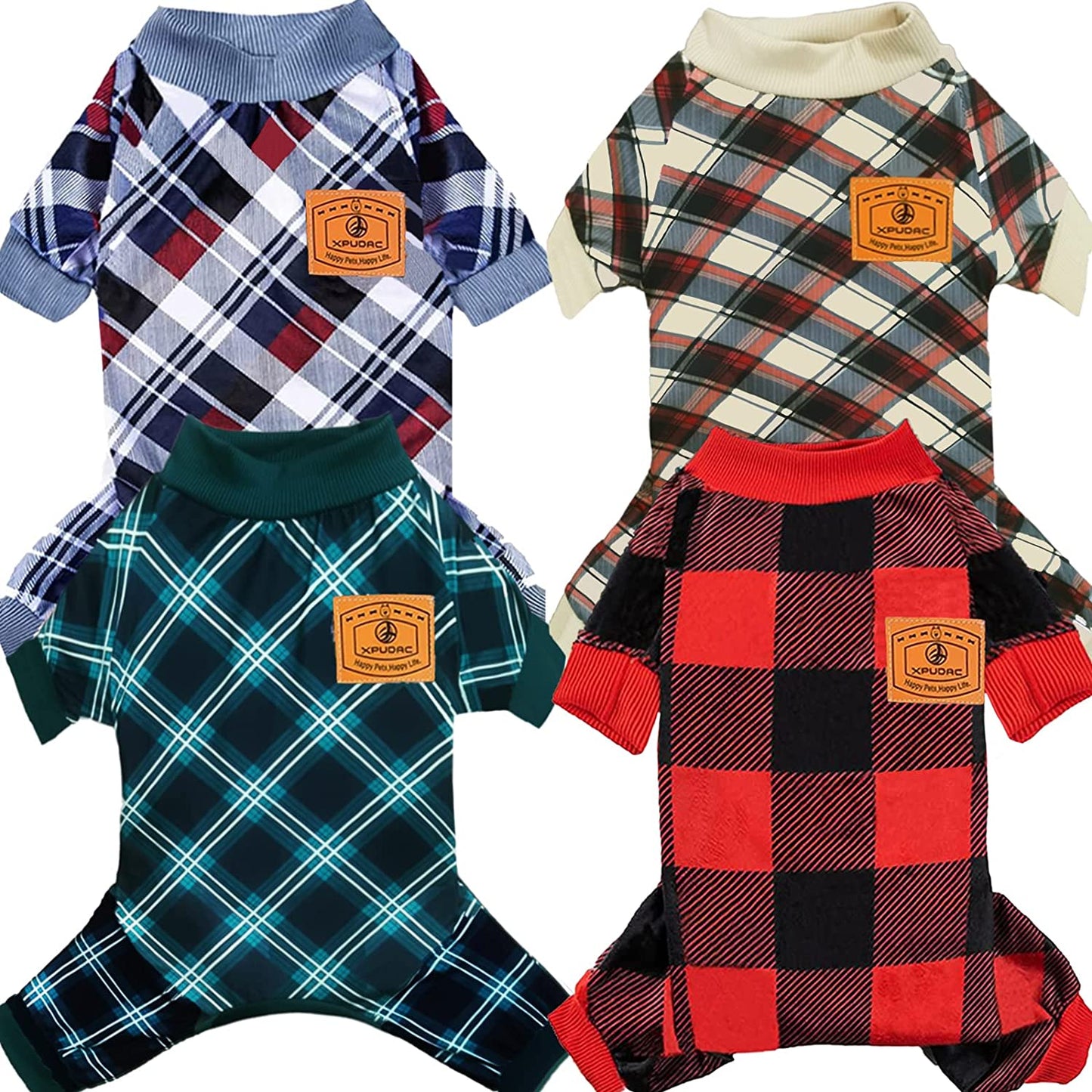 XPUDAC 4 Pack Dog Pajamas for Small Dogs Cats Plaid Dog Clothes Puppy Onesies Dog Christmas Pajamas Puppy Jumpsuits Pet Pjs Shirt Apparel (X-Small(2-3.5 LBS), Red Green Khaki Grey (Thin)) Animals & Pet Supplies > Pet Supplies > Dog Supplies > Dog Apparel XPUDAC Red Green Khaki Grey Medium(7-11 LBS) 