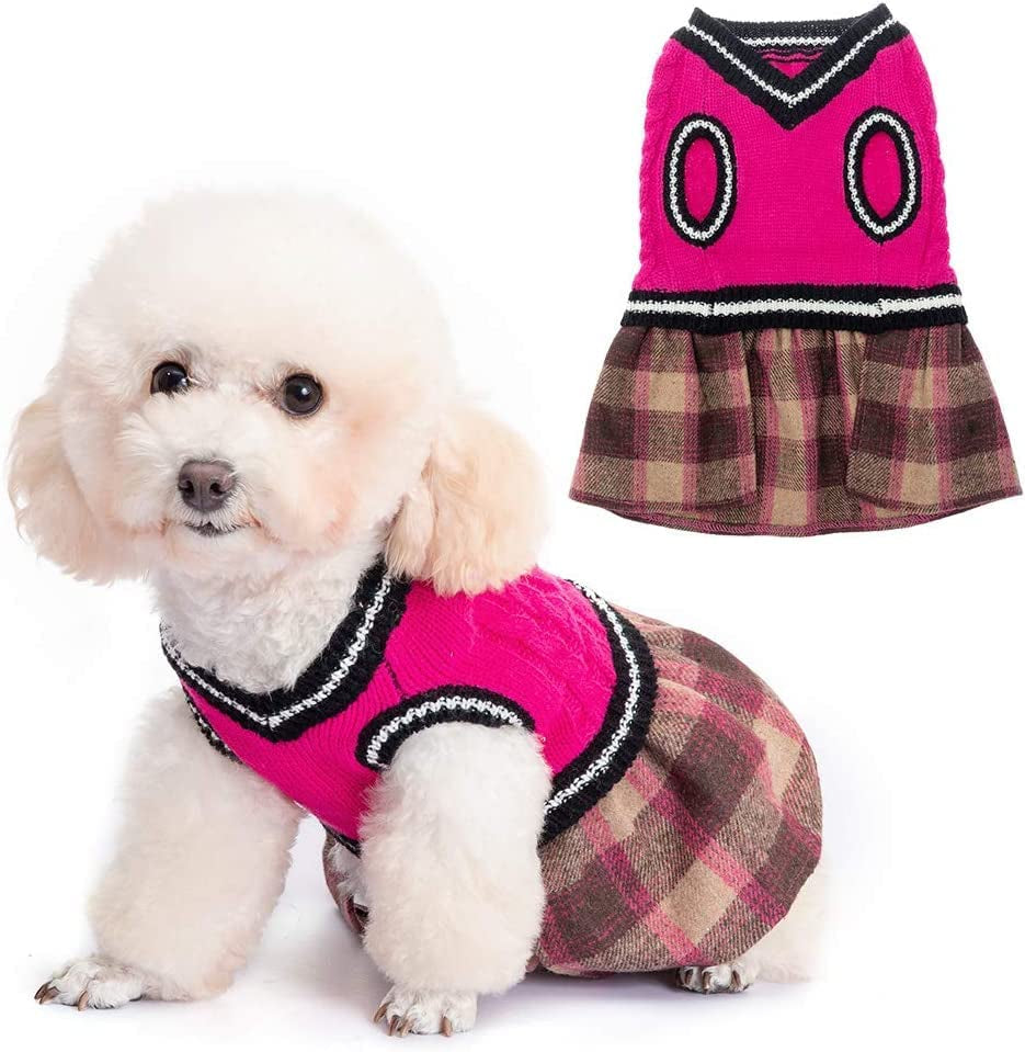 BINGPET Dog Sweater Dress - Plaid Pattern - Warm Pullover with Leash Hole V-Neck Knitwear Pet Sweater Cat Knitted Dress One-Piece Dress for Small to Medium Dog and Cat Animals & Pet Supplies > Pet Supplies > Dog Supplies > Dog Apparel BINGPET Rose Red Small 