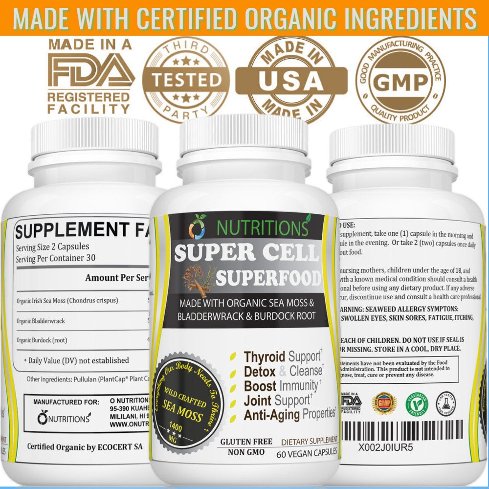 O Nutritions Super Cell Superfood Made with Organic Sea Moss Made with Sea Moss, Bladderwrack and Burdock Root for Thyroid Support, Detox, Joint Support,Immune Support, Organic Certified Animals & Pet Supplies > Pet Supplies > Small Animal Supplies > Small Animal Food O NUTRITIONS   