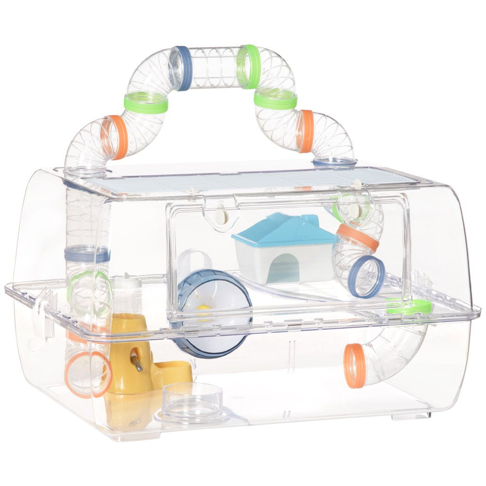 Pawhut Hamster Cage, 2-Level Small Animal Habitat with Accessories Tube Tunnels, Exercise Wheel, Water Bottle, Food Dish, Hut, 22" X 15" X 12.5", Clear Animals & Pet Supplies > Pet Supplies > Small Animal Supplies > Small Animal Habitats & Cages Aosom LLC   