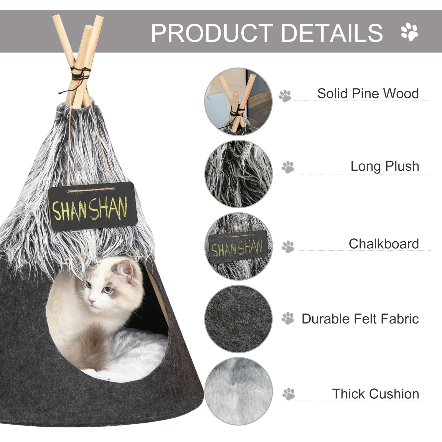 Pawhut Pet Teepee Tent Cat Bed Dog House with Thick Cushion Chalkboard for Kitten and Puppy up to 13Lbs 28Inch Grey Animals & Pet Supplies > Pet Supplies > Cat Supplies > Cat Beds Pawhut   