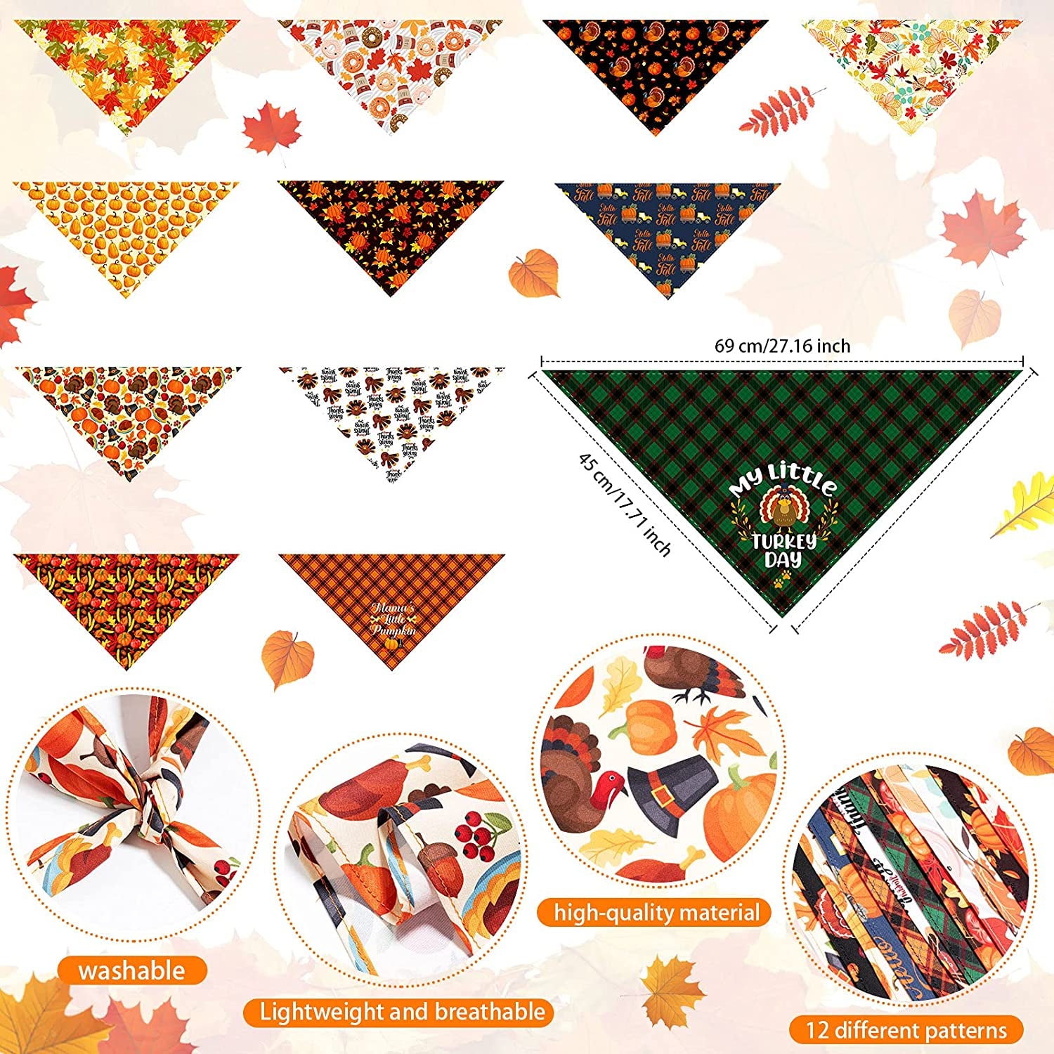 12 Pieces Thanksgiving Pet Bandana Fall Dog Bandanas Dog Fall Clothes Accessories Maple Leaf Pumpkin Patterned Autumn Pet Triangle Scarf Bibs for Large Small Dog Kerchief Cat Pet Fall Outfit Washable Animals & Pet Supplies > Pet Supplies > Dog Supplies > Dog Apparel Xuniea   