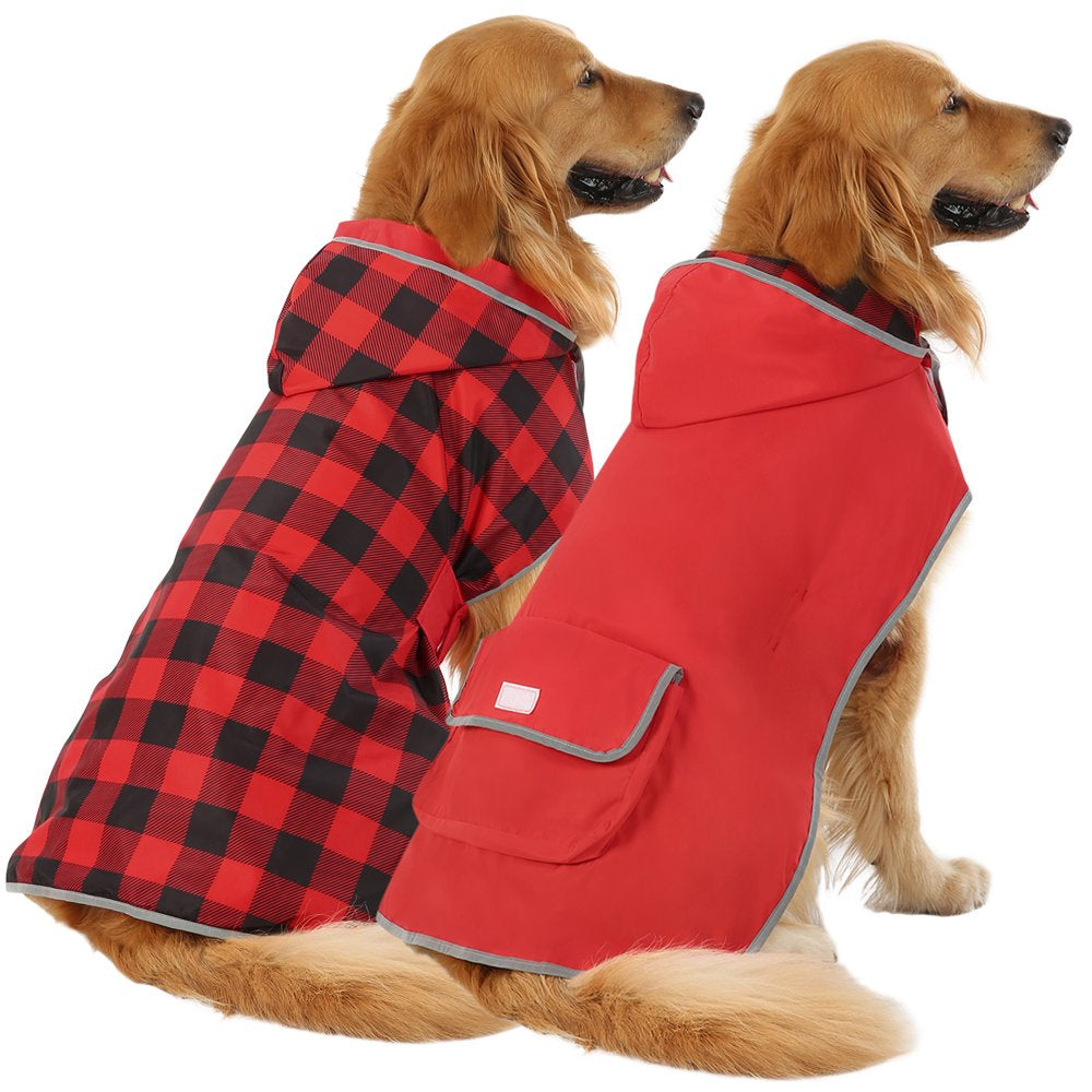 HDE Reversible Dog Raincoat Hooded Slicker Poncho Rain Coat Jacket for Small Medium Large Dogs Dinosaurs - XXL Animals & Pet Supplies > Pet Supplies > Dog Supplies > Dog Apparel HDE XXLarge Buffalo Plaid / Red 