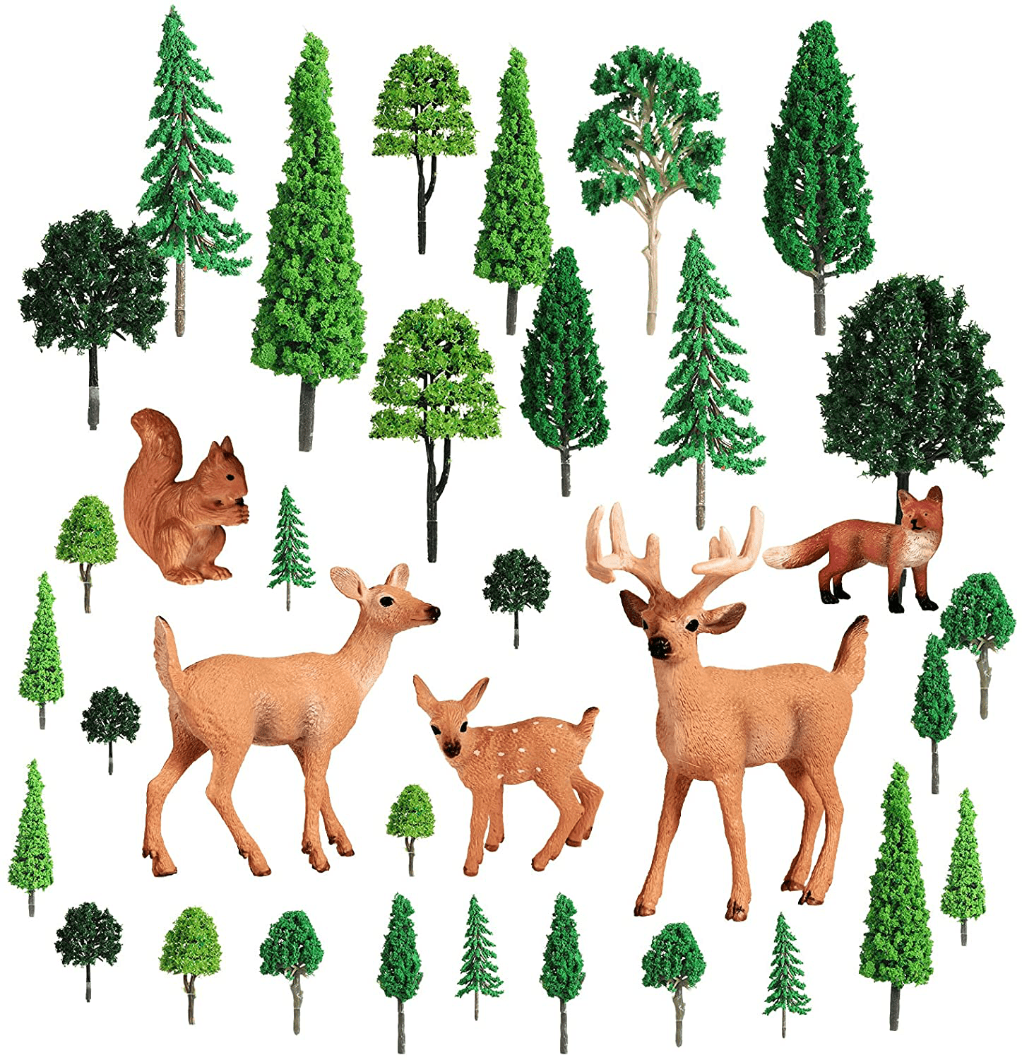 35 Pieces Woodland Animals Figures Model Trees Kit, 5 Pieces Forest Animal Toys and 30 Pieces 1.18-6.30 Inch Mixed Miniature Trees, Miniature Toys Cake Toppers for Toddlers Kids Christmas Birthday Animals & Pet Supplies > Pet Supplies > Small Animal Supplies > Small Animal Habitat Accessories Skylety Deer Style  