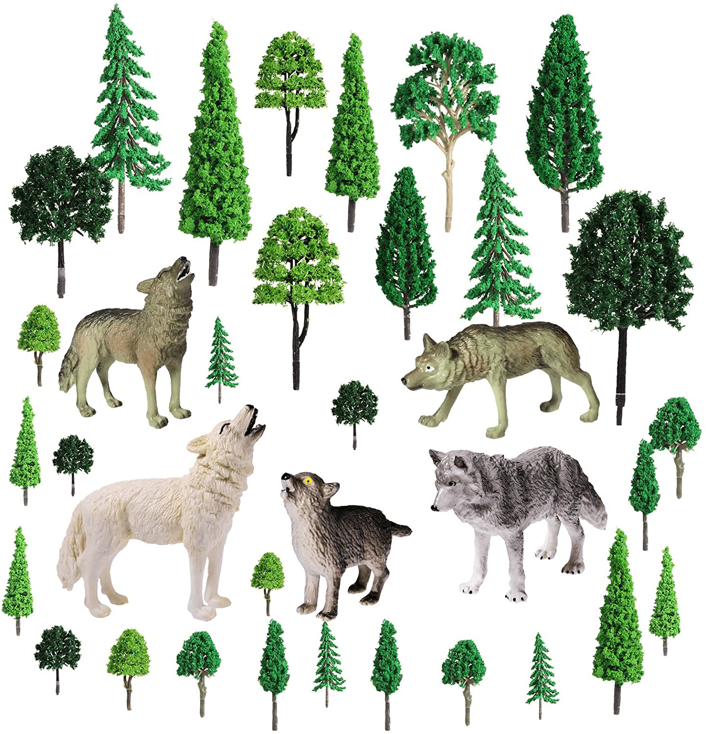 35 Pieces Woodland Animals Figures Model Trees Kit, 5 Pieces Forest Animal Toys and 30 Pieces 1.18-6.30 Inch Mixed Miniature Trees, Miniature Toys Cake Toppers for Toddlers Kids Christmas Birthday Animals & Pet Supplies > Pet Supplies > Small Animal Supplies > Small Animal Habitat Accessories Skylety Wolf Style  