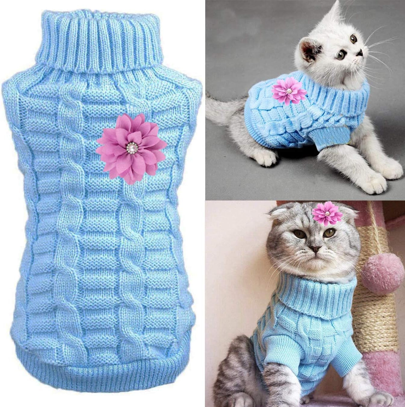 Cat Dog Sweater for Cats and Small Dogs, Warm Soft Cat Dog Turtleneck Braid Plait Knitwear with Fabric Flower Clip Decor (S, Pink) Animals & Pet Supplies > Pet Supplies > Dog Supplies > Dog Apparel Aillion Blue XL 