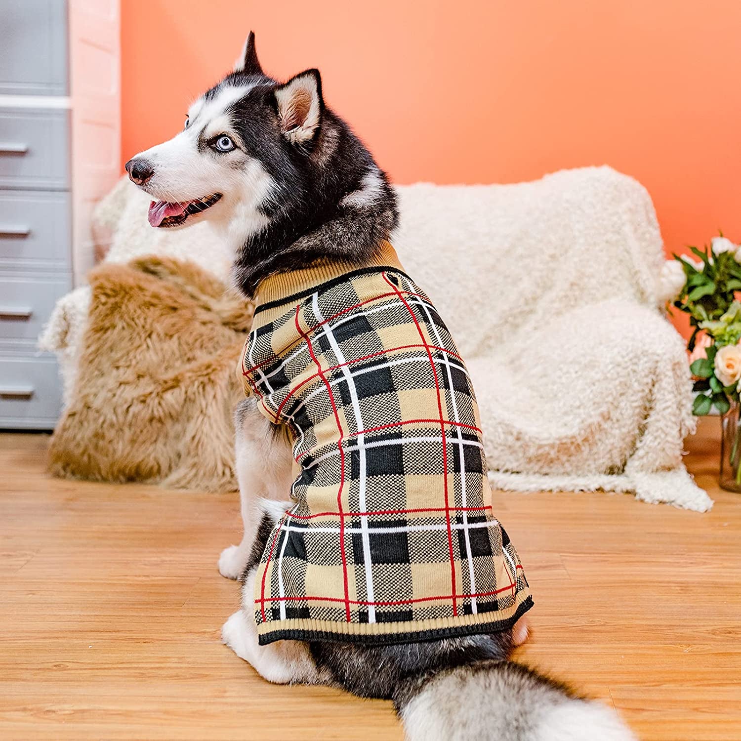 Dog Sweater Pet Knitted Clothes - Classic Plaid Pull over Turtleneck Dog Sweaters with Leash Hole Warm Dogs Winter Clothing for Small Medium Dogs Cats Puppy Animals & Pet Supplies > Pet Supplies > Dog Supplies > Dog Apparel KOOLTAIL   