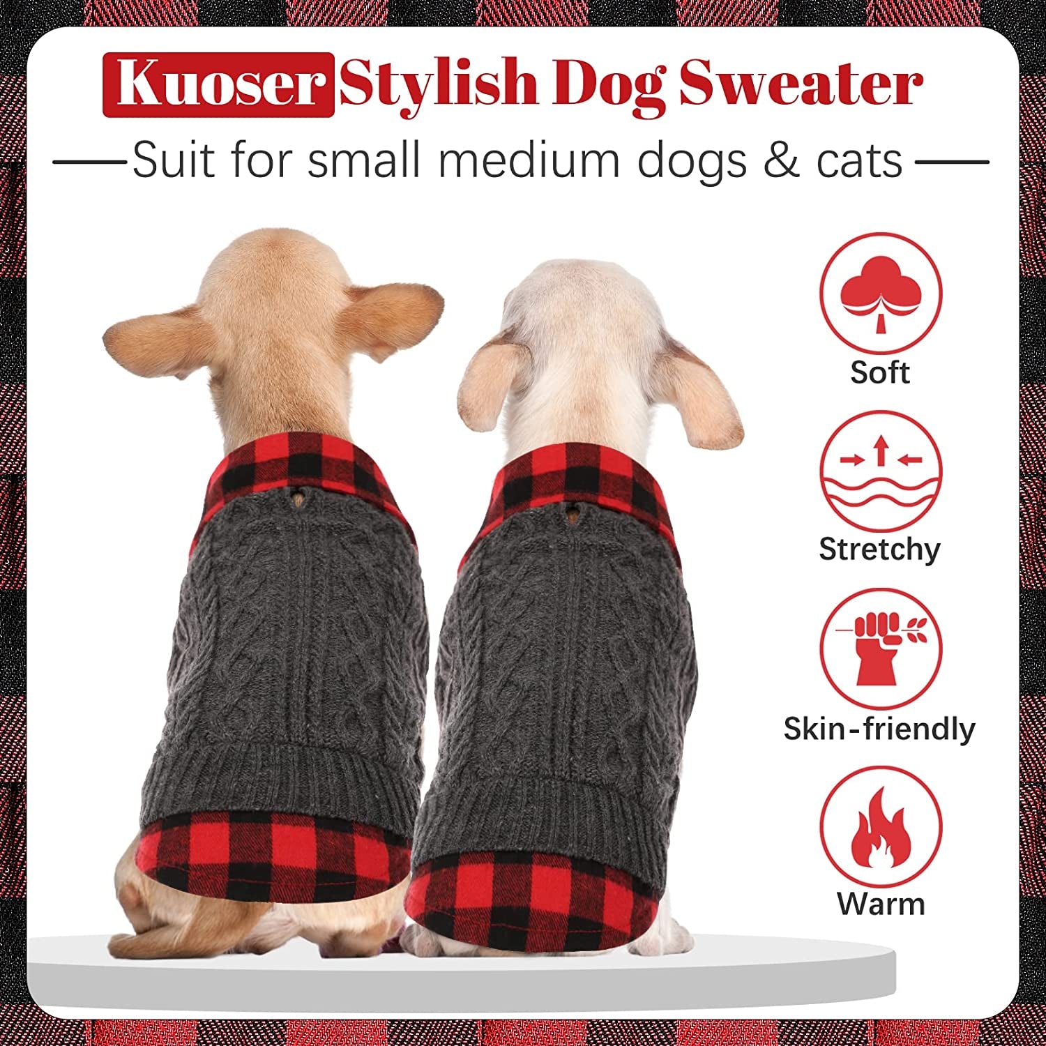 Kuoser Dog Sweater, Plaid Patchwork Dog Knitwear Vest for Fall Winter, Pullover Cozy Dog Clothes Pet Cold Weather Coat Warm Apparel for Small Medium Dogs Cats Xs-Xl(Black, S) Animals & Pet Supplies > Pet Supplies > Dog Supplies > Dog Apparel Kuoser   