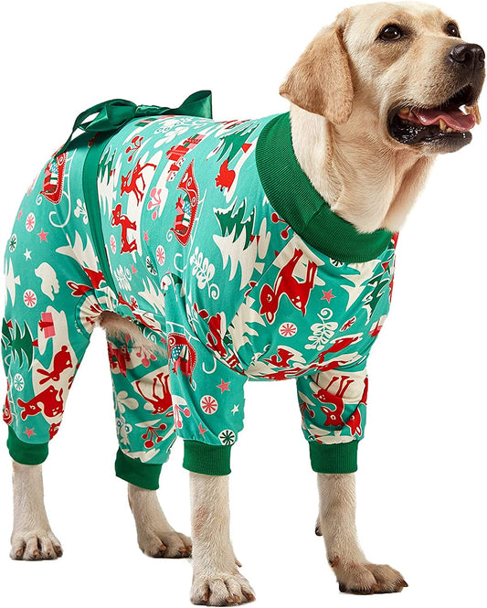 Large Dog Indoor Pajamas for Dogs - Shirts for Big Dogs Xmas Holiday Costume Lightweight Pullover, Christmas Critters Aqua Prints Large Dog Pjs, Pitbull Clothes, Dog Onesie, Christmas Outfit Large Animals & Pet Supplies > Pet Supplies > Dog Supplies > Dog Apparel LovinPet Green Medium 