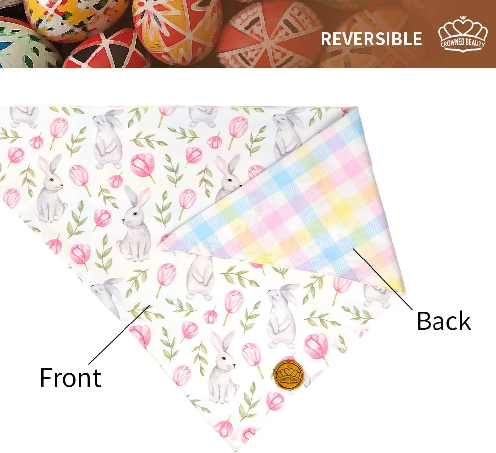 Crowned Beauty Easter Dog Bandanas Large 2 Pack, Bunnies Tulips Set, Plaid Adjustable Triangle Holiday Reversible Scarves for Medium Large Extra Large Dogs Pets Animals & Pet Supplies > Pet Supplies > Dog Supplies > Dog Apparel Crowned Beauty   