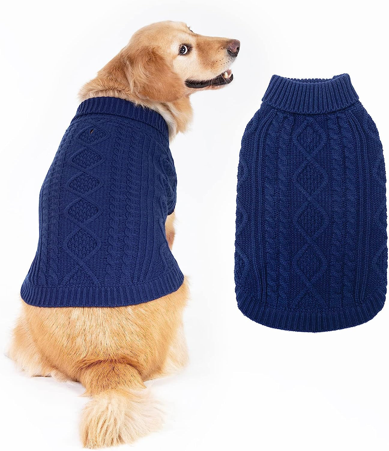 BINGPET Dog Knitted Sweaters - Turtleneck - Classic Cable Knit Dog Jumper Coat Warm Sweartershirts Outfits for Dogs Cats in Autumn Winter Animals & Pet Supplies > Pet Supplies > Dog Supplies > Dog Apparel BINGPET NavyBlue Medium 