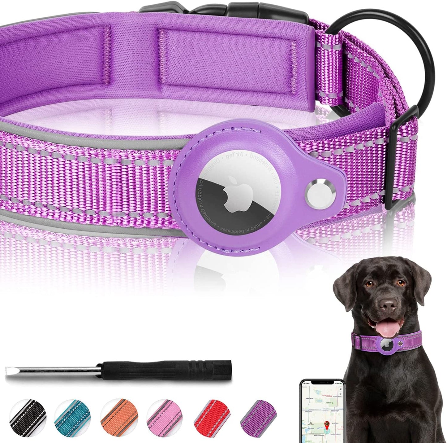 Reflective Airtag Dog Collar, FEEYAR Padded Apple Air Tag Dog Collar, Heavy Duty Dog Collar with Airtag Holder Case, Adjustable Air Tag Accessories Pet Collar for Small Medium Large Dogs Electronics > GPS Accessories > GPS Cases FEEYAR Purple L（17"-20"） 