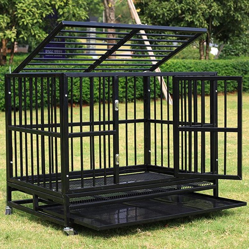 37" Dog Crate Pet Cage Heavy Duty Metal Black Pet Cannel Playpen Two Doors with Wheels