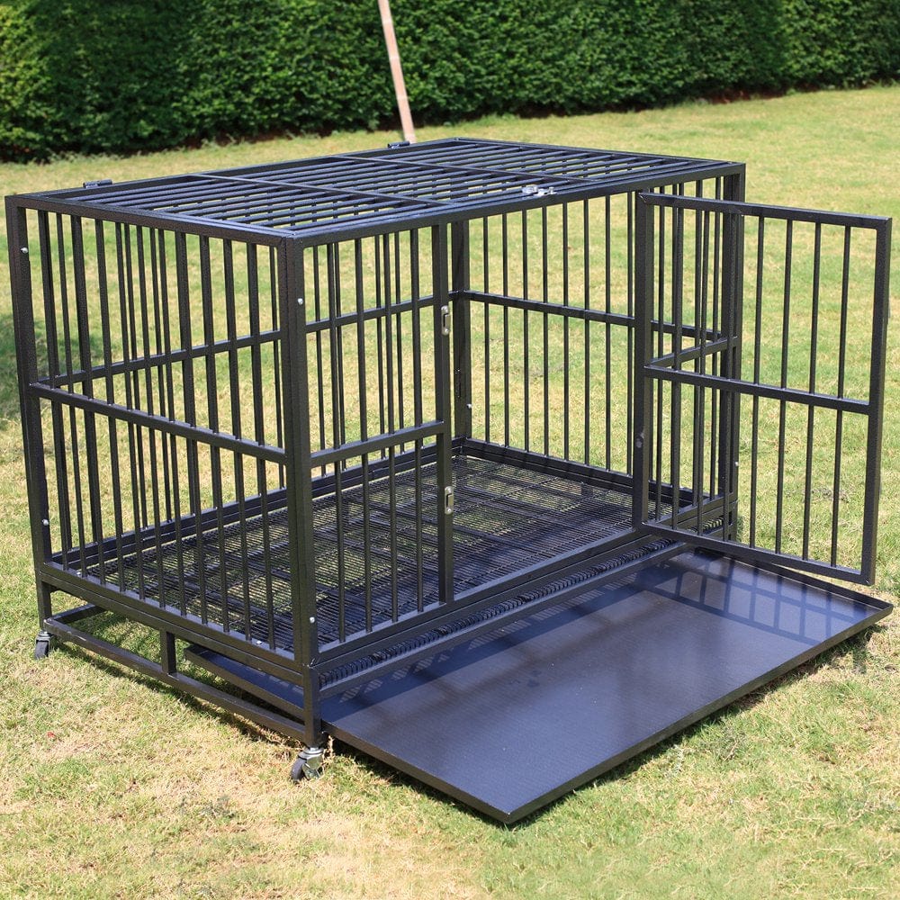 37" Dog Crate Pet Cage Heavy Duty Metal Black Pet Cannel Playpen Two Doors with Wheels