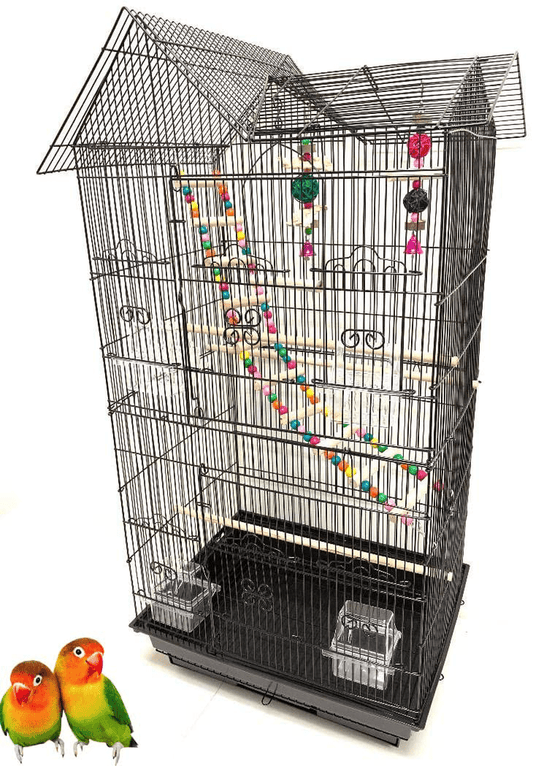 37-Inch Portable Double Roof Top Hanging Flight Bird Cage with Playing Toys for Small Parrot Cockatiel Sun Quaker Parakeet Green Cheek Conure Parrotlet Finch Canary Budgie Lovebird Travel Bird Cage Animals & Pet Supplies > Pet Supplies > Bird Supplies > Bird Cages & Stands Mcage Black 18" x 14" x 37"H 