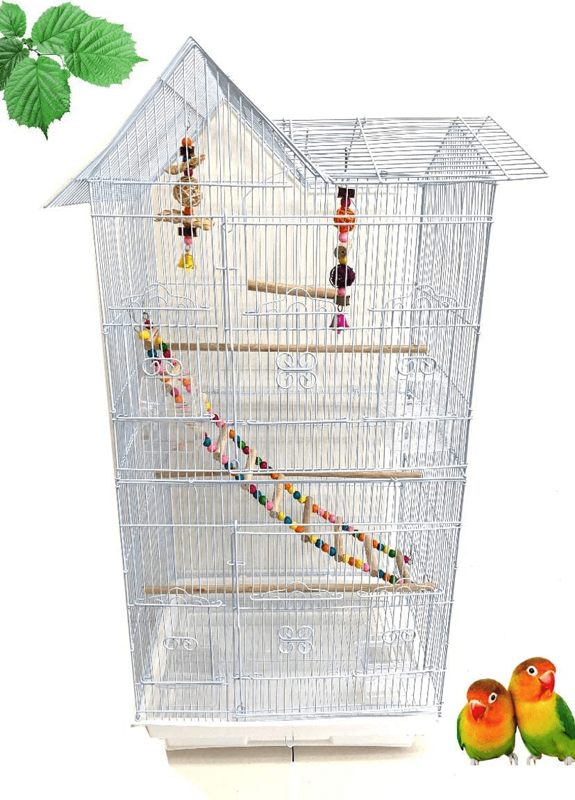 37-Inch Portable Double Roof Top Hanging Flight Bird Cage with Playing Toys for Small Parrot Cockatiel Sun Quaker Parakeet Green Cheek Conure Parrotlet Finch Canary Budgie Lovebird Travel Bird Cage Animals & Pet Supplies > Pet Supplies > Bird Supplies > Bird Cages & Stands Mcage White 18" x 14" x 37"H 