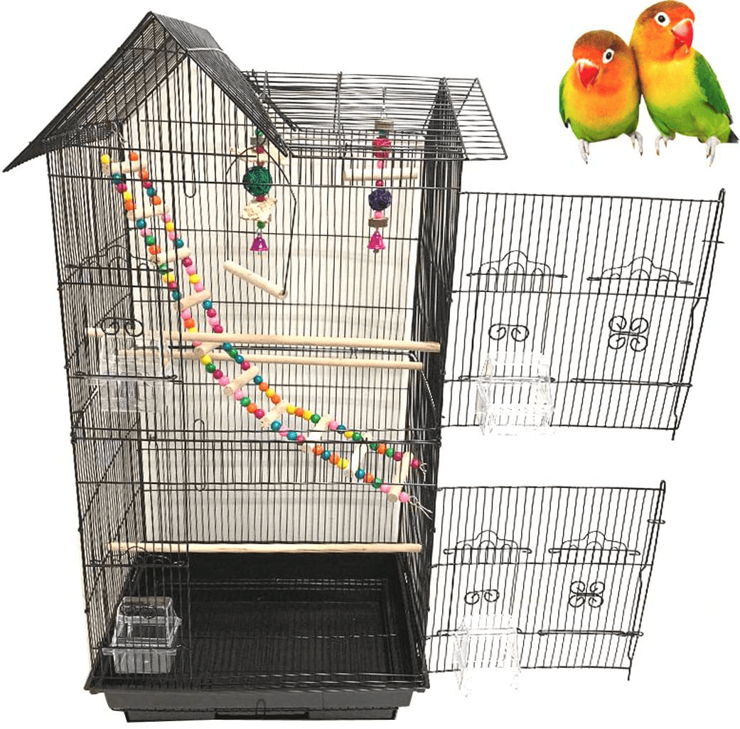 37-Inch Portable Hanging Medium Flight Bird Cage for Cockatiel Sun Quaker Parakeet Green Cheek Conure Parrotlet Finch Canary Budgie Lovebird Small Parrot Travel Bird Cage Animals & Pet Supplies > Pet Supplies > Bird Supplies > Bird Cages & Stands Mcage Black With TOY  