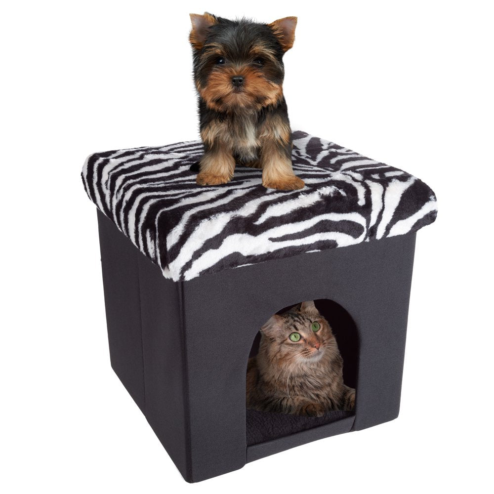 Pet House Ottoman - Collapsible Multipurpose Small Dog or Cat Bed Cube and Footrest with Cushion Top and Interior Pillow by PETMAKER (Microsuede Tan) Animals & Pet Supplies > Pet Supplies > Cat Supplies > Cat Beds Trademark Global, LLC. Black; White  