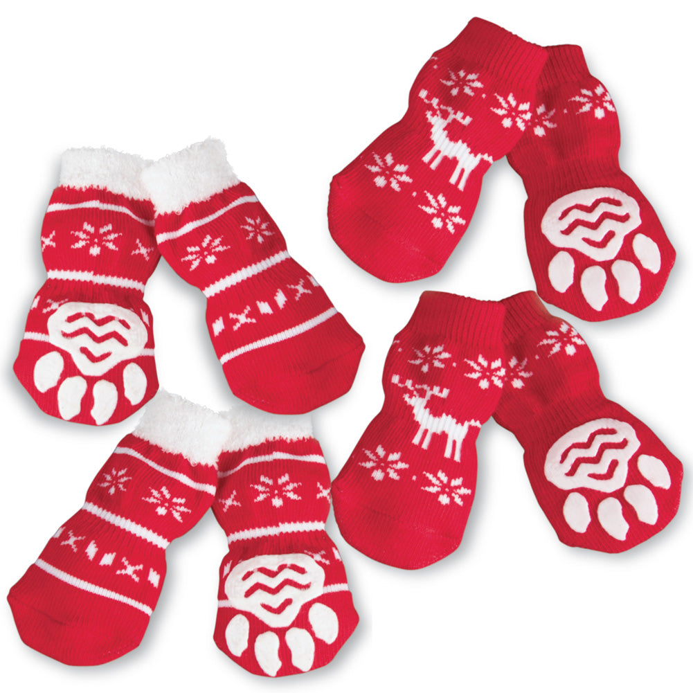 Collections Etc Snowflake & Reindeer Gripper Dog Booties for Snow - Holiday Pet Winter Gear and Apparel, Medium