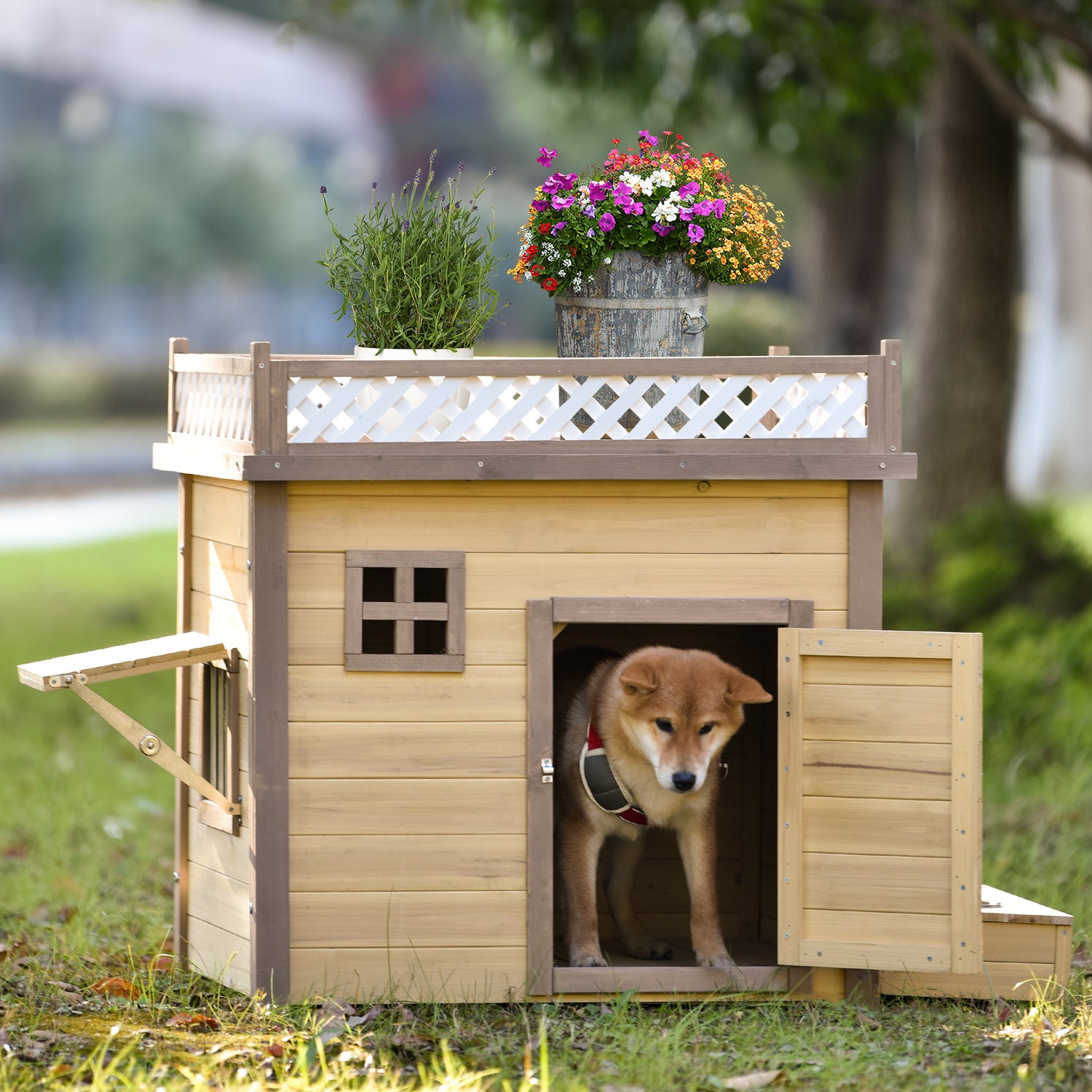 AUKFA 31.5” Wooden Dog House Puppy Shelter Kennel Outdoor & Indoor Dog Crate with Flower Stand - Plant Stand - with Wood Feeder Animals & Pet Supplies > Pet Supplies > Dog Supplies > Dog Houses General   