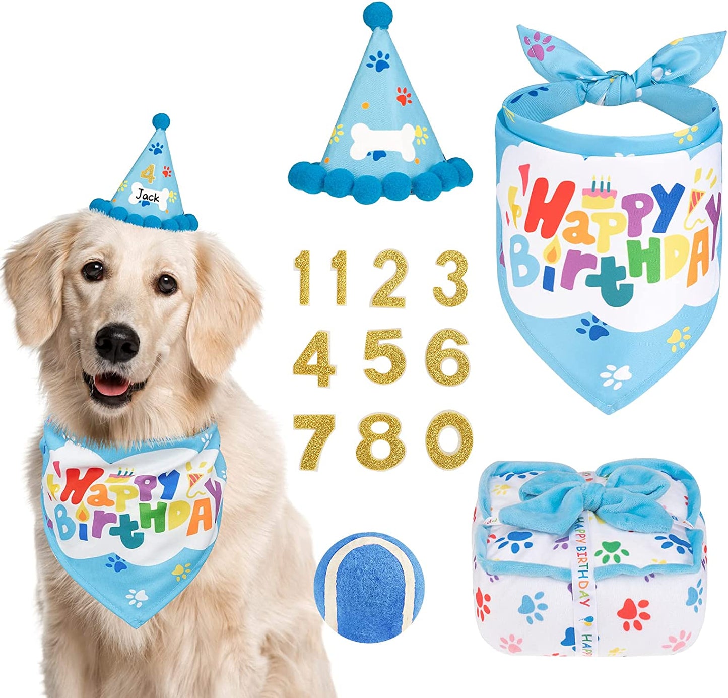EXPAWLORER Dog Birthday Outfit - Cute Hat Bandana Scarf and Squeaky Cake Dog Toy for Birthday Party Supplies Gift, Great Party Decorations for Small Medium Large Dogs Girl Pink Animals & Pet Supplies > Pet Supplies > Dog Supplies > Dog Apparel EXPAWLORER Blue Tennis 