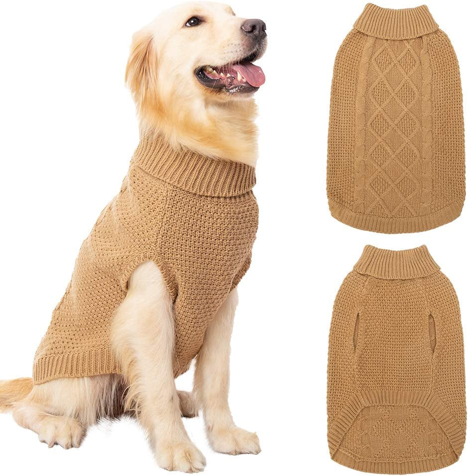 Mihachi Turtleneck Dog Sweater - Winter Coat Apparel Classic Cable Knit Clothes with Leash Hole for Cold Weather, Ideal Gift for Pet in New Year Animals & Pet Supplies > Pet Supplies > Dog Supplies > Dog Apparel Mihachi Khaki Medium 