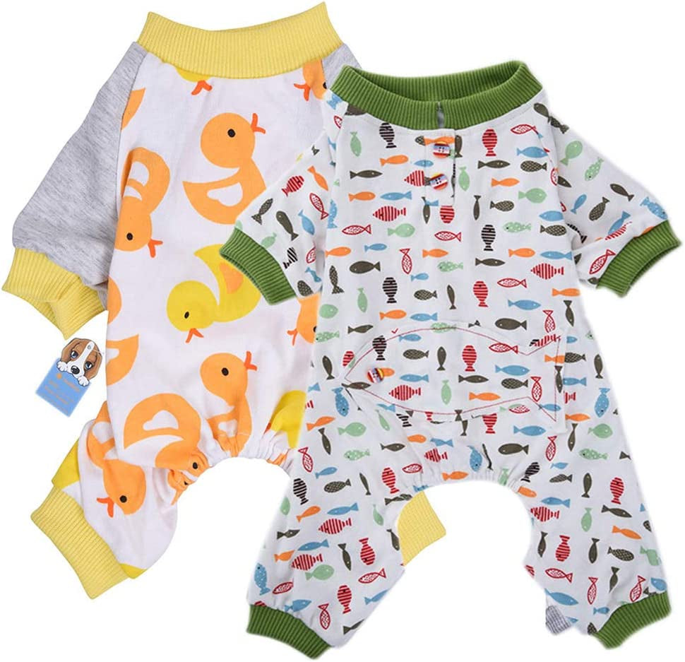 2-Pack Dog Clothes Dogs Cats Onesie Soft Dog Pajamas Cotton Puppy Rompers Pet Jumpsuits Cozy Bodysuits for Small Dogs and Cats Animals & Pet Supplies > Pet Supplies > Dog Supplies > Dog Apparel HL Duck & Fish S 