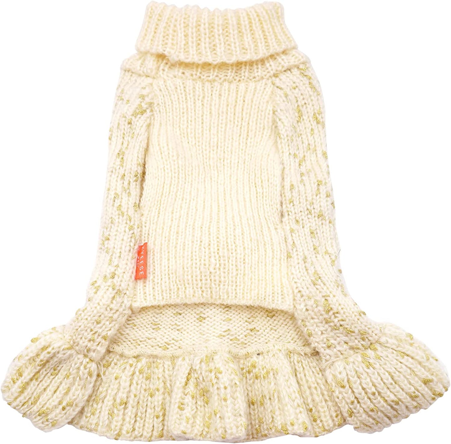 KYEESE Dog Sweater Dress with Golden Thread Turtleneck Dog Knitwear with Bowtie for Small Dogs Dog Coat Fall Winter, Beige,M Animals & Pet Supplies > Pet Supplies > Dog Supplies > Dog Apparel kyeese   