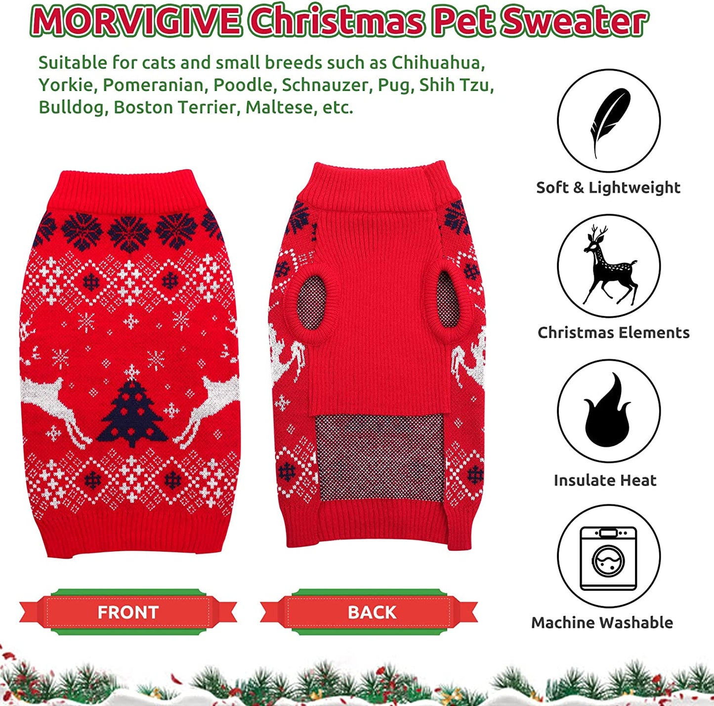 MORVIGIVE Christmas Dog Sweaters Turtleneck Pullover, Soft Warm Puppy Jumper Cat Knit with Reindeer Snowflake, Winter Pet Xmas Holiday Sweatshirts Cold Weather Knitwear Clothes for Small Medium Dogs Animals & Pet Supplies > Pet Supplies > Dog Supplies > Dog Apparel MORVIGIVE   