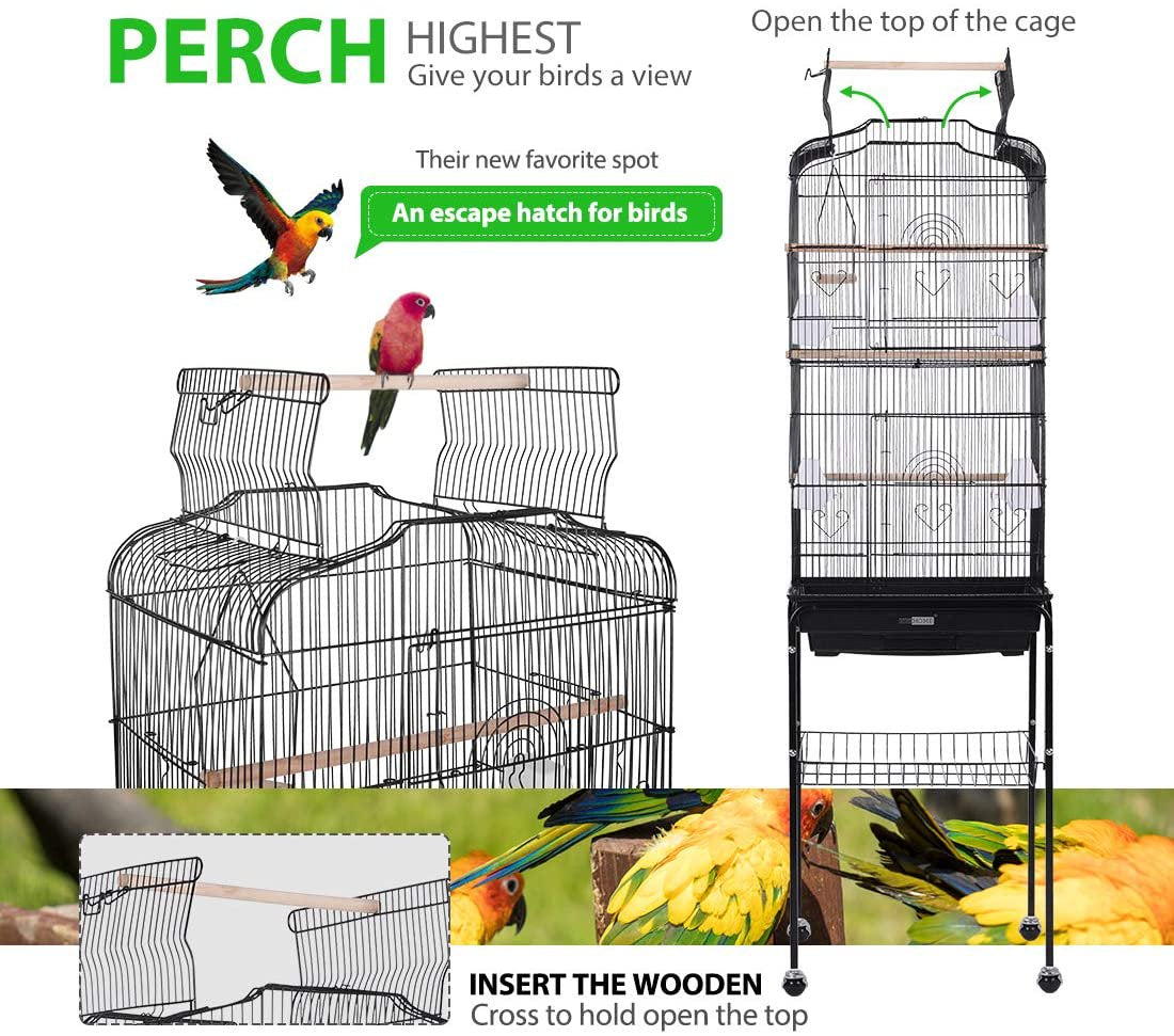 VIVOHOME 59.8 Inch Wrought Iron Bird Cage with Play Top and Rolling Stand for Parrots Conures Lovebird Cockatiel Parakeets Animals & Pet Supplies > Pet Supplies > Bird Supplies > Bird Cages & Stands VIVOHOME   