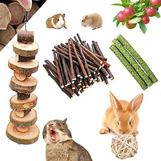 PD Small Animal Chew Toys, Bunny Molar Toy for Teeth Natural Apple Wood Chips, Animal Snacks Chew Toys for Rabbits Chinchilla Hamsters Guinea Pigs Gerbils Groundhog Squirrels (3 Pcs)