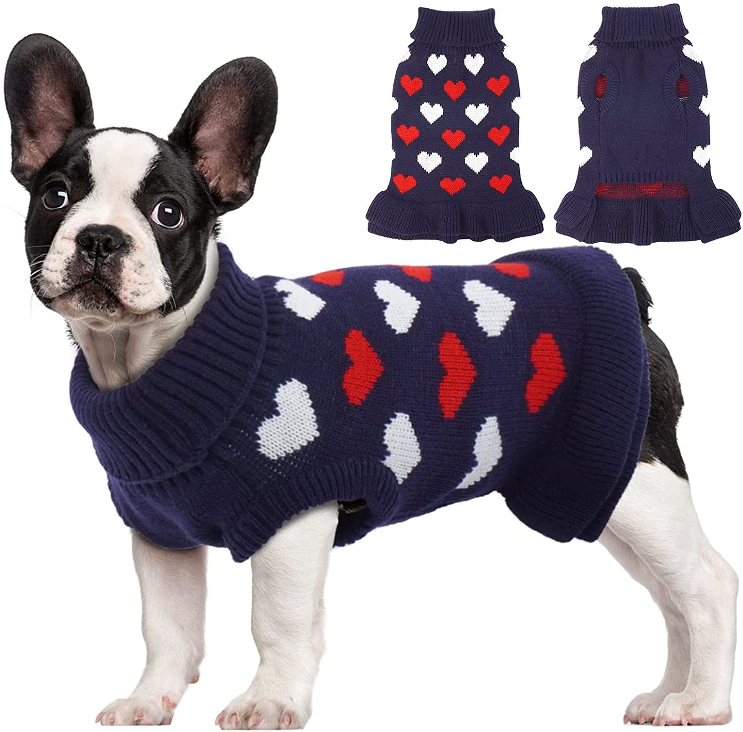 Kuoser Dog Sweater, Knitwear Turtleneck Winter Warm Puppy Clothing, Heart Pullover Pet Coat Cute Dog Sweater Dress for Small & Medium Dogs Cats with Leash Hole Xs-Xl(Green,Xl) Animals & Pet Supplies > Pet Supplies > Dog Supplies > Dog Apparel Kuoser Red X-Large (Chest Girth: 24.4'') 