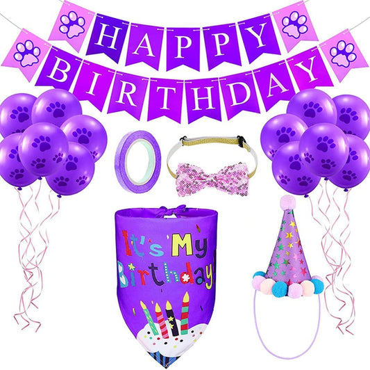 ACSUZ Purple Dog Birthday Decorations Happy Birthday Banner Bandana Scarf Bowtie Hat and Paws Prints Ballons Sets Animals & Pet Supplies > Pet Supplies > Dog Supplies > Dog Apparel ACSUZ   