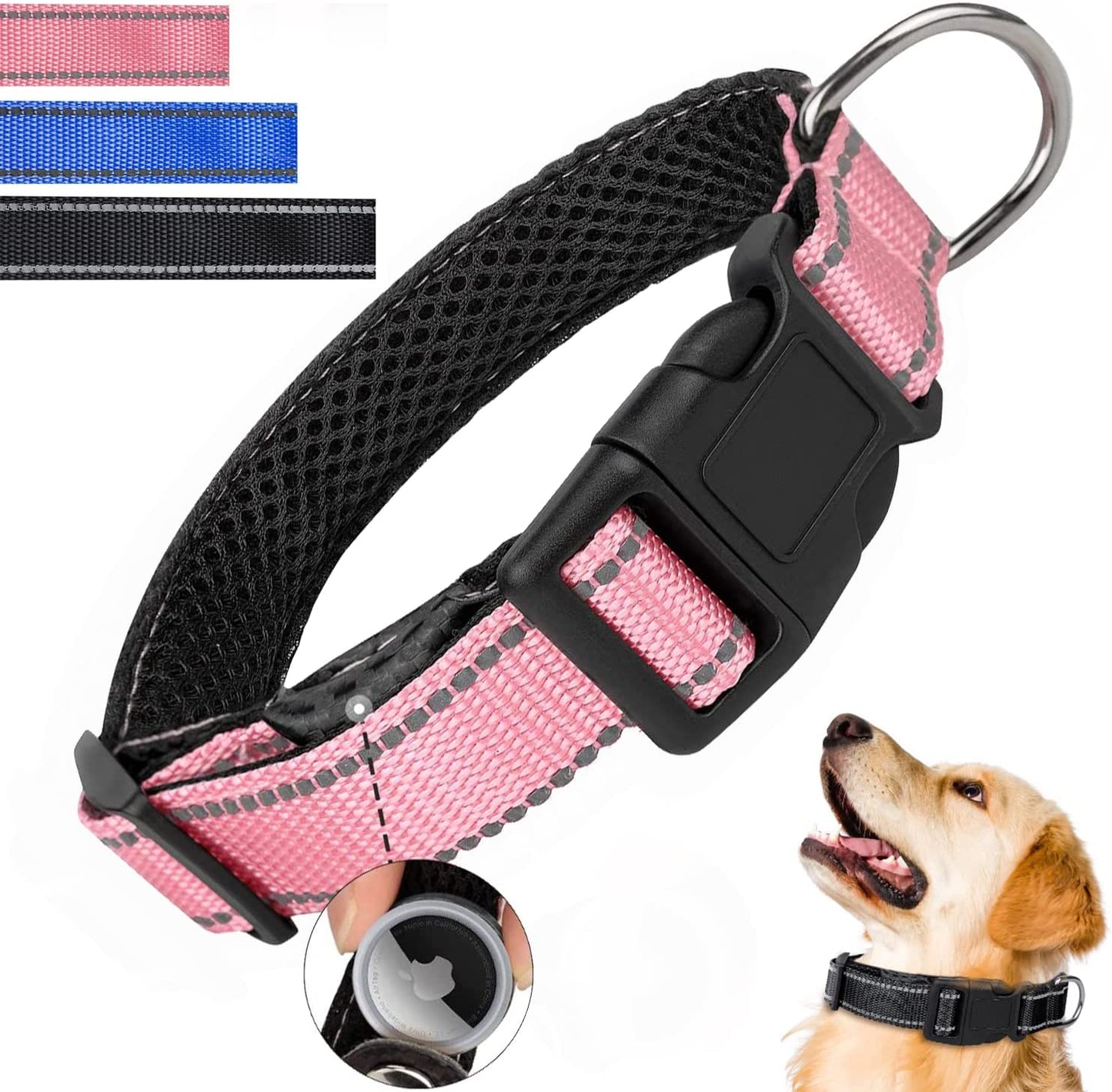 Reflective Airtag Dog Collar, Breathable Pink Nylon Dog Collar with Airtag Holder, the Waterproof Dog Collar Airtag, Dog Tracking Collar, Adjustable Airtag Accessories Dog Collar for Medieum Dogs Electronics > GPS Accessories > GPS Cases Simket Pink Small 