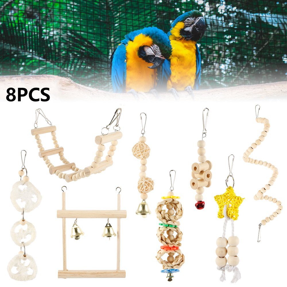 HOTBEST 8PCS Small Bird Swing Toys, 8 PCS Parrots Chewing Natural Wood and Rope Bungee Bird Toy for Anchoies, Parakeets, Cockatiel, Conure, Mynah, Macow and Other Small Birds Animals & Pet Supplies > Pet Supplies > Bird Supplies > Bird Toys HOTBEST   