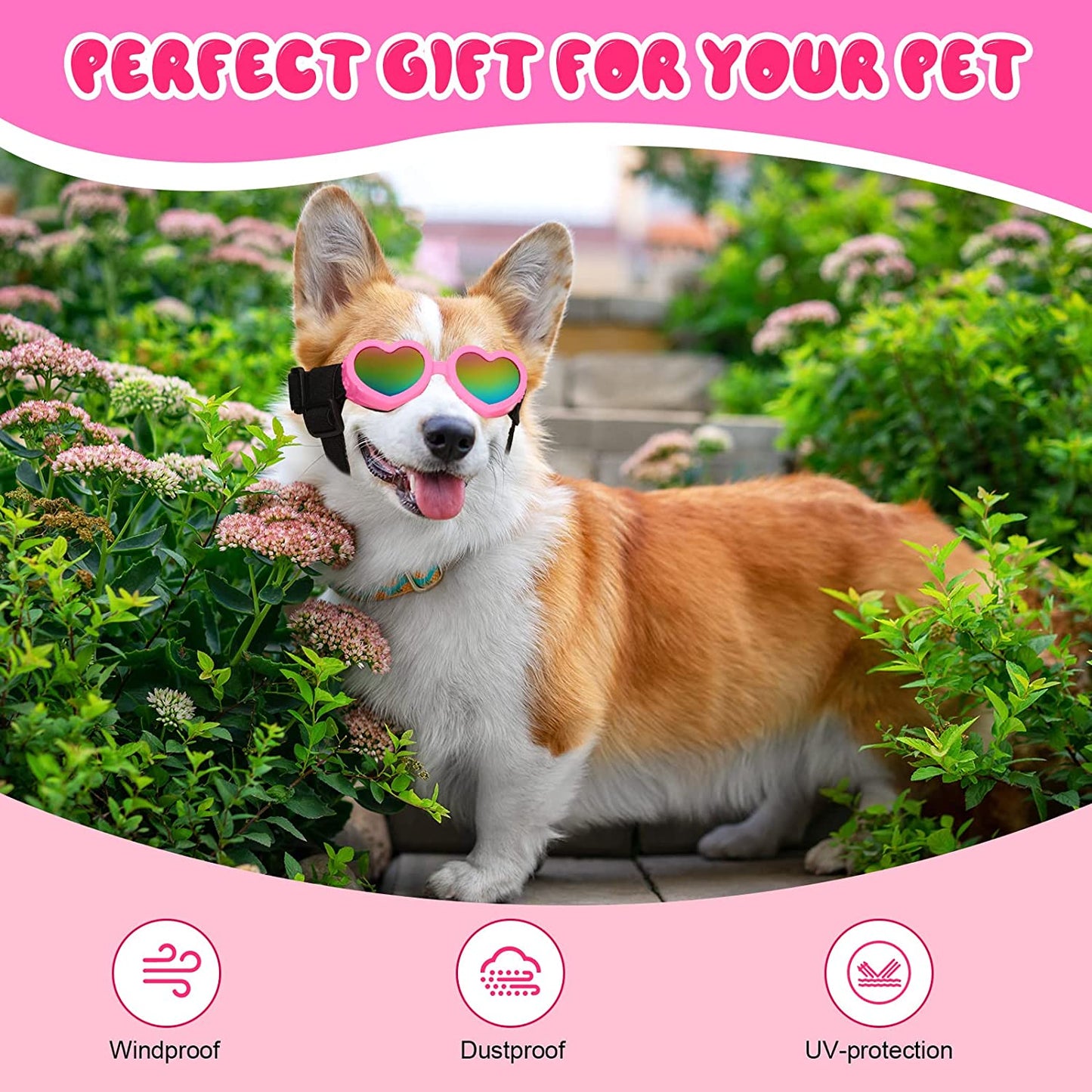 2 Pcs Dog Sunglasses Heart Shape Dog Goggles Small Medium Breed Dog Eye Protection Goggles anti Fog Glasses with Adjustable Strap for Dog Pet Windproof Foldable Eye Wear (Black, Pink) Animals & Pet Supplies > Pet Supplies > Dog Supplies > Dog Apparel Geelin   