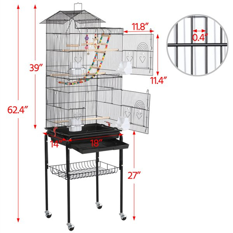 Topeakmart 62.4'' H Rolling Metal Bird Cage with Detachable Stand & Toys, Black Animals & Pet Supplies > Pet Supplies > Bird Supplies > Bird Cages & Stands Topeakmart   