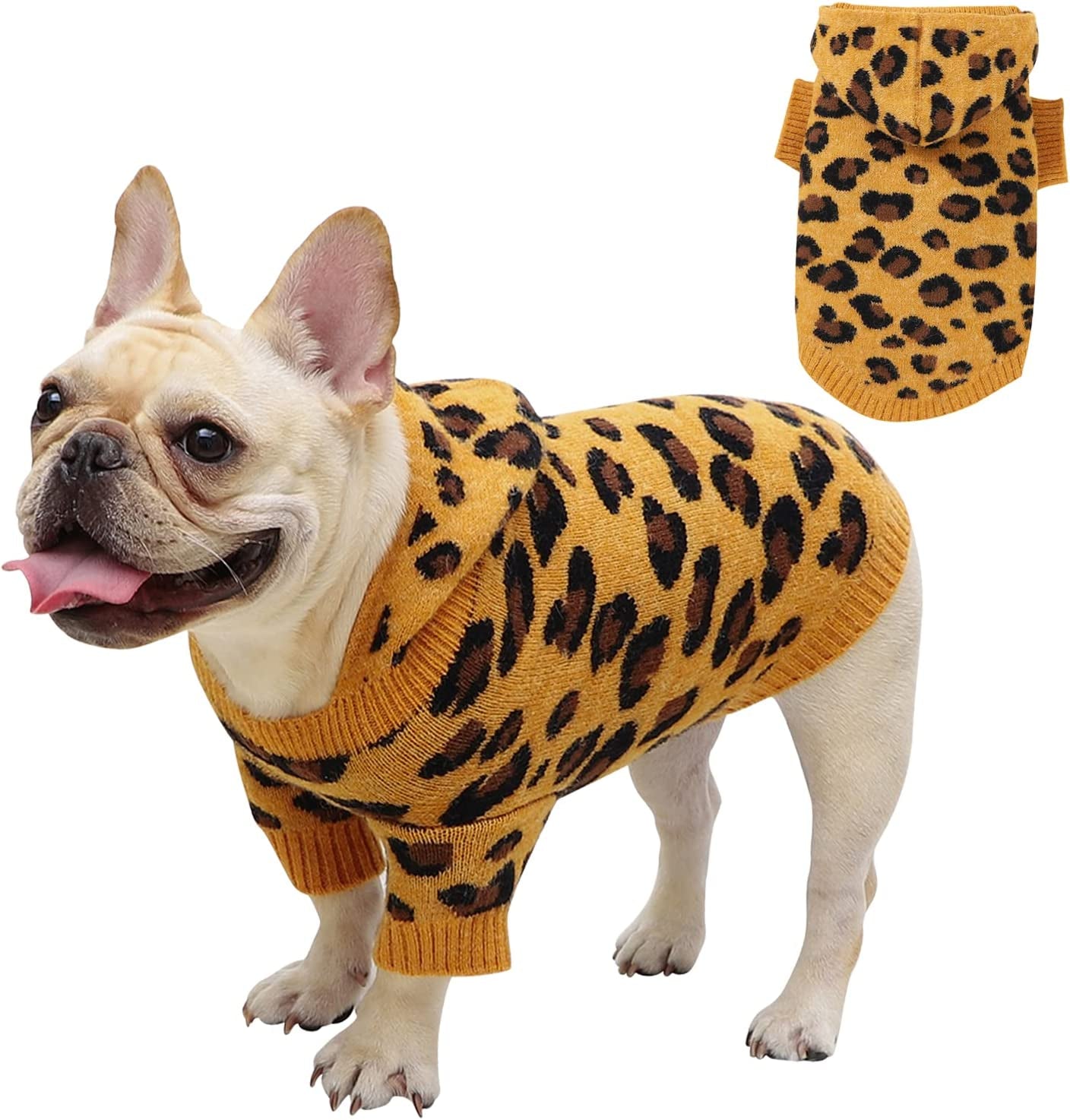 Fyzeg Dog Sweater Leopard Pattern Dog Hoodie Knitwear Sweater with Hat Winter Warm Pet Clothes of Kitten Puppy (Gray, Medium) Animals & Pet Supplies > Pet Supplies > Dog Supplies > Dog Apparel Fyzeg Yellow X-Large 