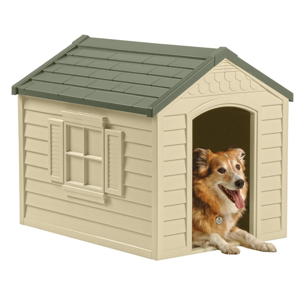 Suncast Medium Indoor & Outdoor Dog House for Small/Medium Breeds, Beige/Green Animals & Pet Supplies > Pet Supplies > Dog Supplies > Dog Houses Suncast   