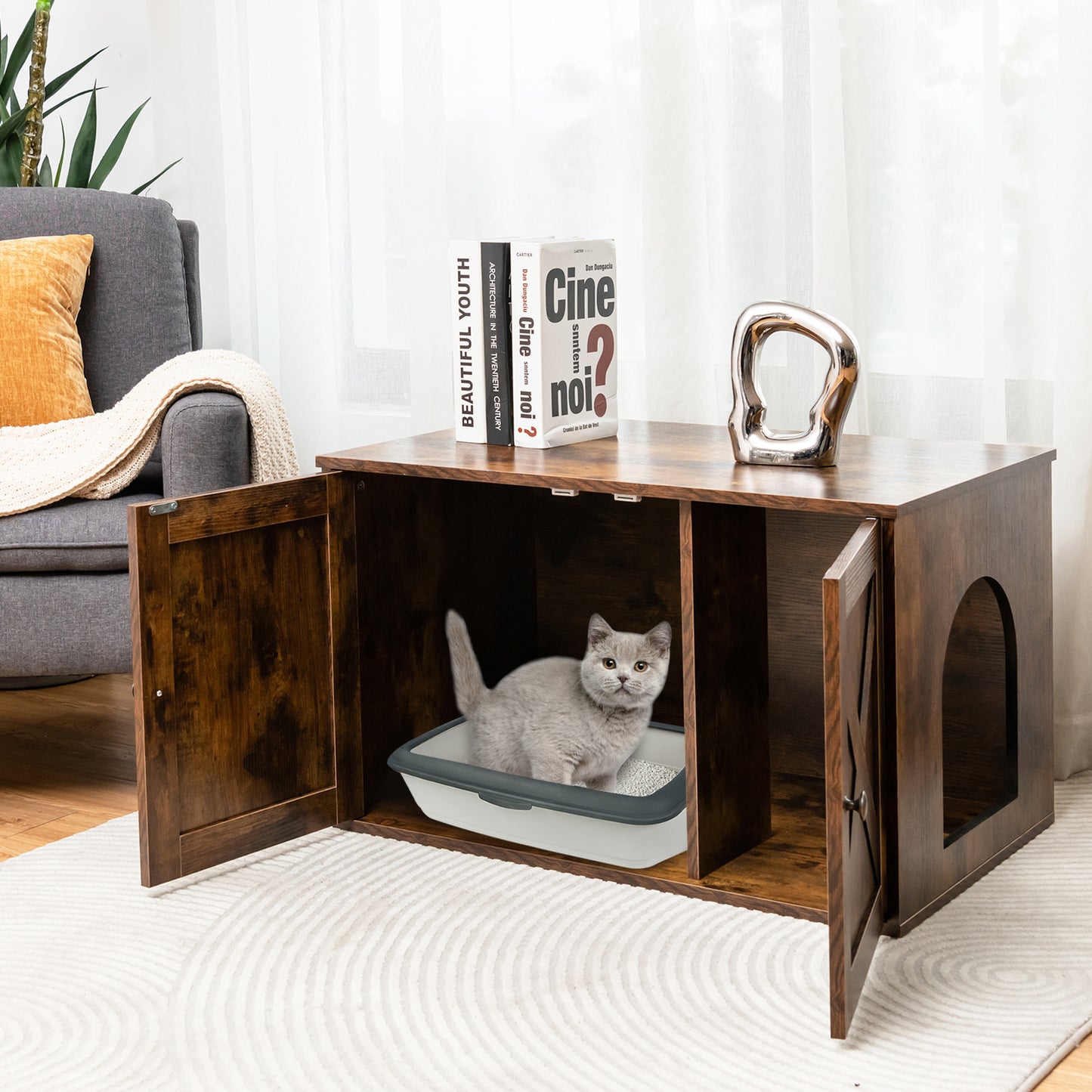 Infans Wooden Cat Litter Box Enclosure Hidden Cabinet Furniture W/ Divider Pet House Animals & Pet Supplies > Pet Supplies > Cat Supplies > Cat Furniture Infans   