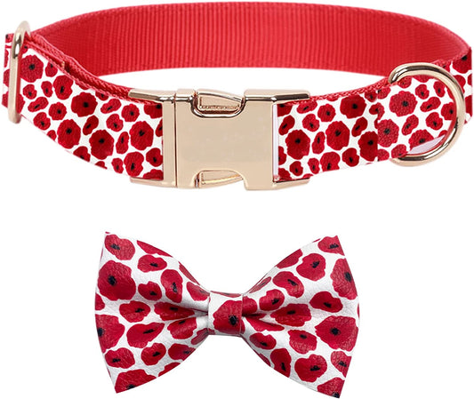 Wondrella Red Poppies Floral Printed Leather Dogs Collar with Bow Tie for Spring Summer Autumn Dog Collars for Girl Female Boy Male Small Medium Large Dogs Gifts（Medium Animals & Pet Supplies > Pet Supplies > Dog Supplies > Dog Apparel Wondrella S  