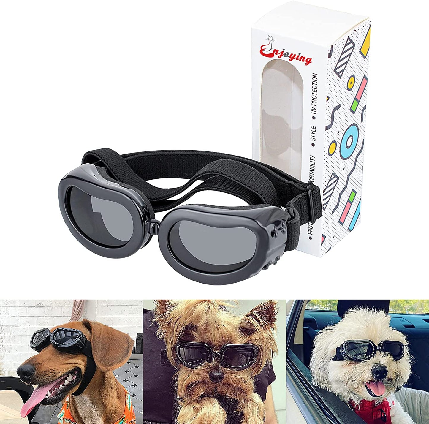 Enjoying Dog Sunglasses Small Breed Dogs Goggles UV Protection Eye Wear Windproof Anti-Fog Pet Glasses for Doggy about over 5 Lbs, Black Animals & Pet Supplies > Pet Supplies > Dog Supplies > Dog Apparel Enjoying   